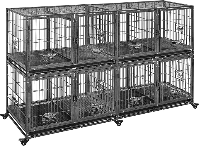 Yaheetech Stackable Dog Crate 42'' Heavy Duty Large Dog Crate with Divider 4pcs Rolling Pet Metal Crate w/Double Doo Water Bowl Pet Kennel Indoor