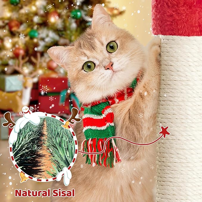 Yaheetech 54in Christmas Cat Tree, Multi-Level Cat Tower with Spacious Kitten-Ear Perch, 2 Cozy Caves, Scratching Posts, Climbing Ladder, 2 Plush Balls for Indoor Kittens, Red/Green