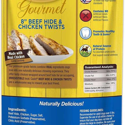 Cadet Gourmet 8-Inch Beef Hide Twist Chew Sticks, Long-Lasting and Natural Rawhide Chews for Dogs, Inspected & Tested in USA, Chicken Flavor, 6 Count