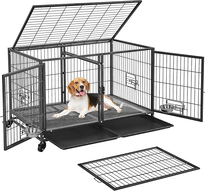 Yaheetech Stackable Dog Crate with Divider 43'' Rolling Heavy Duty Dog Cage with Open Top/ 2 Removable Trays for Small/Medium Dog, Double Story