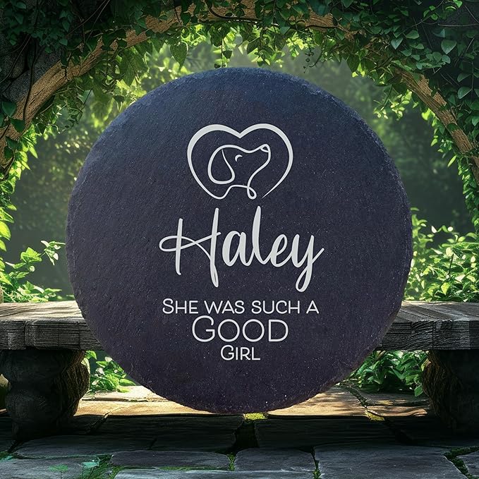 Personalized Pet Memorial Stone for Dogs and Cats | Custom Laser-Etched Weatherproof Garden Grave Marker | Natural Stone Bereavement Headstone Sympathy Gift | 4, 6, 10, or 12 Inch Heart or Circle Shape (A11)