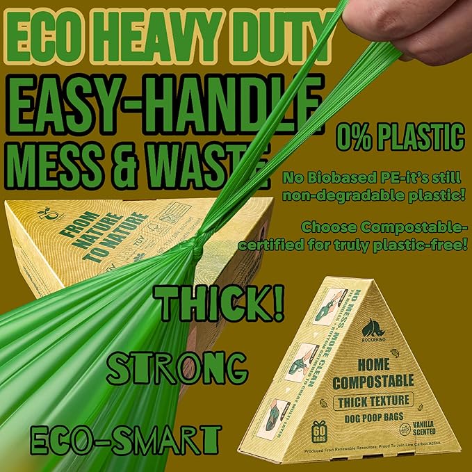 Ultra Thick & Deep RockRhino Dog Poop Bags for Large & XL Breeds | 4-Layer Interlocking Bottom | 100% Home Compostable, 0% Plastic | Vanilla-Scented | 60 Bags, Easy Open Tie Handles, Not for Scooper