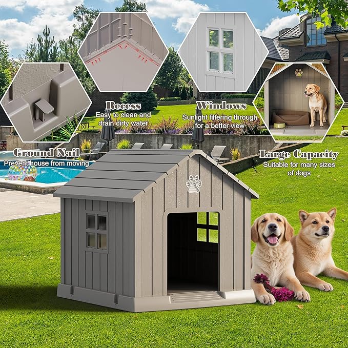 Large Dog House Outdoor Indoor for Medium Large Dogs, Durable Plastic Waterproof Doghouse with Air Vents and Elevated Floor, Easy Clean and Assemble (Grey, 31" L x 33.3" W x 33.5" H)