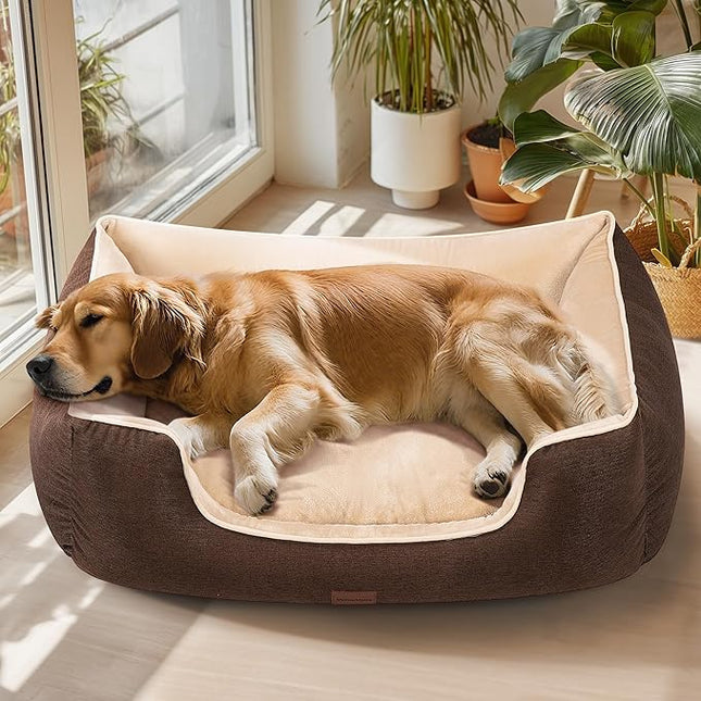 Large Orthopedic Dog Bed 44" Washable with Removable Cover, Waterproof & Non-Slip Base, Year-Round Comfort with Cooling/Warming, Dual-Layer Interior Padding for Support and Softness, Brown
