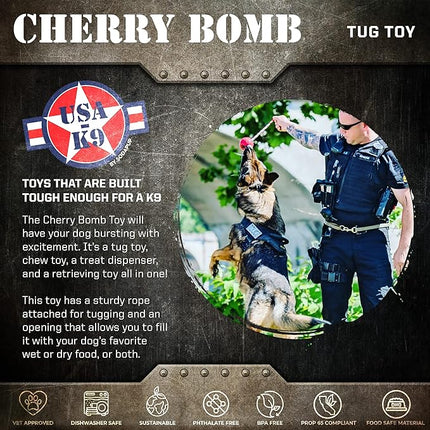 SodaPup USA-K9 Cherry Bomb – Durable Dog Tug Toy, Treat Dispenser, Chew Toy Made in USA from Non-Toxic, Pet Safe, Food Safe Natural Rubber Material for Bonding, Exercise, Training & More