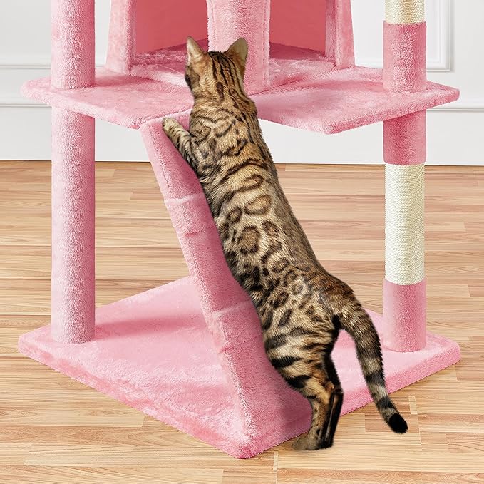 Yaheetech XL Cat Tree, 80in Multi-Level Tower w/Scratching Posts, Double Cat Condo, Perched Platforms & Dangling Balls, Activity Center for Kittens & Pets, Pink