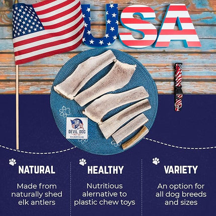 Devil Dog Pet Co. Split Elk Antlers for Dogs, Small 4"+, 2 Pack, Grade A Long Lasting Chew for Aggressive Chewers, Premium USA Naturally Shed Antler – Healthy, No Odor, Durable Dog Chew