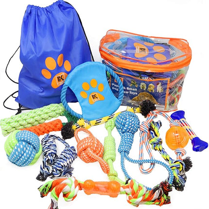 Puppy Toys, Box of 13 Puppy Dog Rope Chew Toys Designed for Playtime, Made for Chewing, Teething, and Calming Anxiety in New Puppies and Small Dogs, Bundle Includes a BONUS Storage Bag
