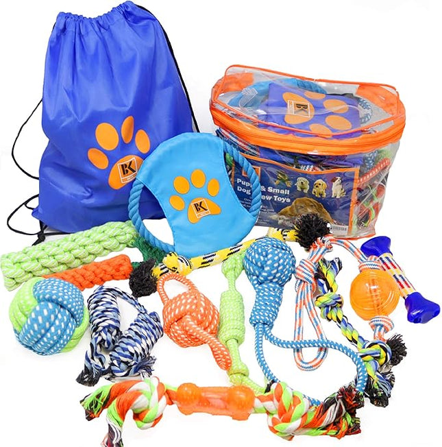 Puppy Toys, Box of 13 Puppy Dog Rope Chew Toys Designed for Playtime, Made for Chewing, Teething, and Calming Anxiety in New Puppies and Small Dogs, Bundle Includes a BONUS Storage Bag