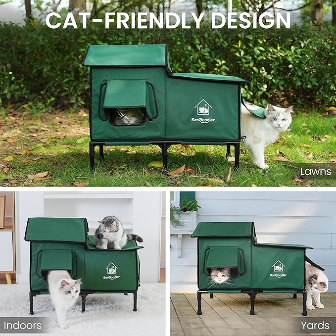 Outdoor Cat House Weatherproof, Clawsable Cat Houses with Insulation Layer, Foldable Cats Shelter, Large Cave Bed for Pets Up to 55lbs for Garden, Patio, or Backyard (Green-L)