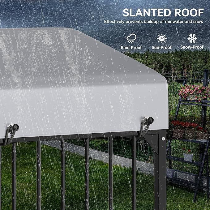 YITAHOME Outdoor Dog Enclosure with Rotating Feeder Bowls, 4'L x 4'W x 5'H Outside Dog Kennel with Roof, Heavy Duty Dog Cage for Small Medium Dogs