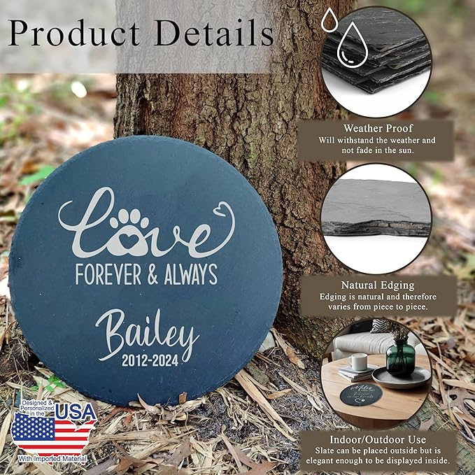 Personalized Pet Memorial Stone for Dogs and Cats | Custom Laser-Etched Weatherproof Garden Grave Marker | Natural Stone Bereavement Headstone Sympathy Gift | 4, 6, 10, or 12 Inch Heart or Circle Shape (A7)