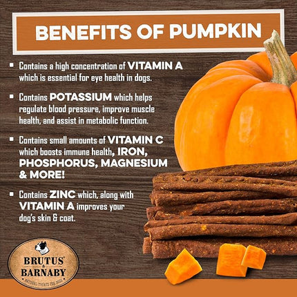 BRUTUS & BARNABY USA Sweet Potato Dog Treats - Grain Free, Pumpkin Bacon Crunchy Sticks - Great Tasting, Promotes Positive Dog Gut Health with Natural Anti-Diarrhea Properties, No Preservatives Added
