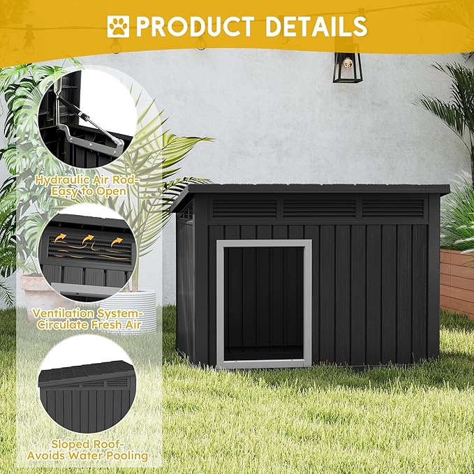 Large Chicken House Outdoor Indoor for Medium Large Dogs, Durable Plastic Waterproof Chicken House with Air Vents and Elevated Floor, Easy Clean and Assemble (Black, 42.8" L x 33" W x 31.5" H)