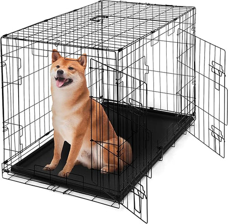 CAPHAUS Foldable Dog Crate Wire Metal Dog Kennel w/Divider Panel, Leak-Proof Pan & Protecting Feet, Single & Double Door, Small, Medium & Large Dog Crate Indoor Wire Dog Cage, 36” w/Double Doors