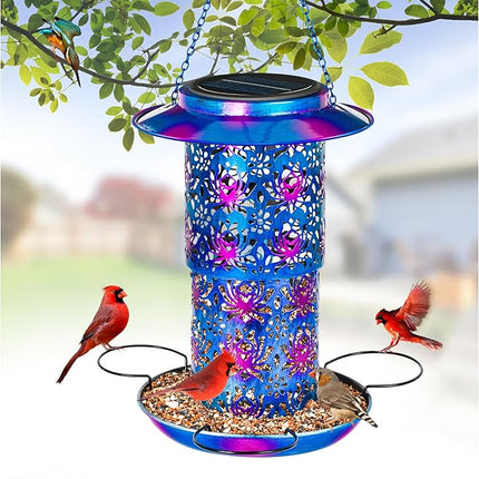 XDW-GIFTS Bird Feeder for Outdoors Solar Hanging Bird Feeder Bird House with Cardinal Feeder Large Capacity Metal Wild Bird Feeder for Garden Decor Unique Gifts & Patio Decor (Blue, 10.5 INCH)