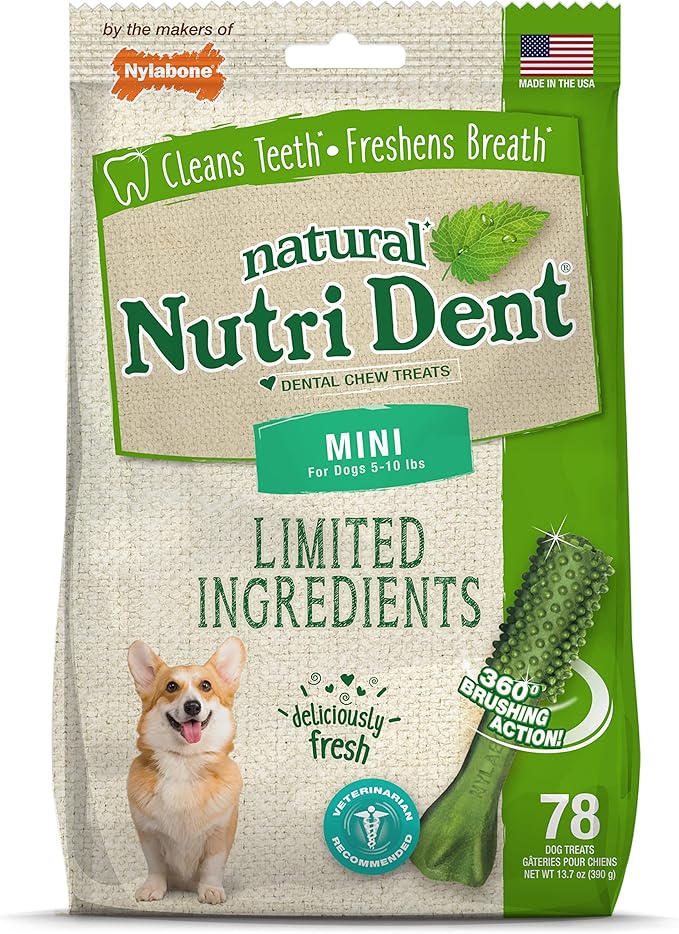 Nylabone Nutri Dent Natural Dental Chews for Dogs, Limited Ingredient Dog Treats Made in the USA, Clean Teeth & Fresh Breath, Healthy Dog Chews, Fresh Breath Flavor, For X-Small Dogs, (78 Count)