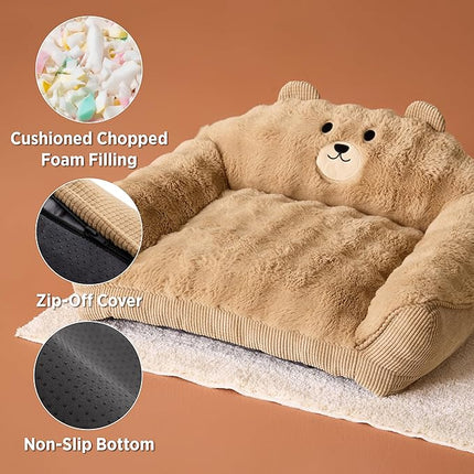 LE SURE Cute Cat Couch for Pets - Fluffy Original Bear Design for Small Dog Bed, Supportive Dog Couch with Removable Washable Cover, Puppy Bed for Small and Medium Dogs, 28inch, Almond