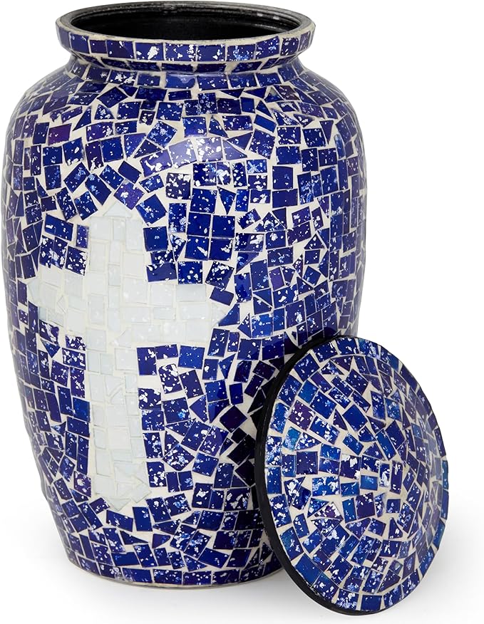 Liliane Memorials Mosaic Glass Cremation Urn - Hand Made Funeral Urn for Human Ashes - Large Adult Size - 200 cu in (Blue-White Cross)