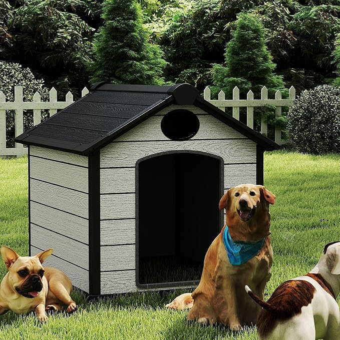 46" Large Dog House Outdoor Weatherproof, 3XL Big Dog House for 2 Large Dogs Outside, Insulated Igloo Pet House with Elevated Floor, Extra Durable Resin Plastic, 46Lx40Wx40H, Cemented Grey
