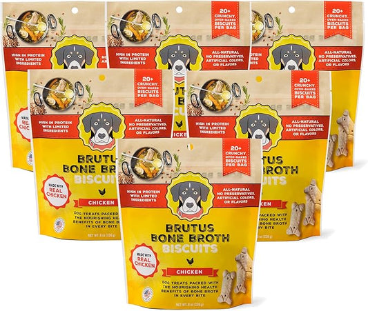 Brutus Bone Broth Biscuits (Chicken) - Healthy Dog Treats - Natural Biscuits with Dog Bone Broth and Real Chicken Meat - 18 Grams of Protein - 8 OZ (Pack of 6)