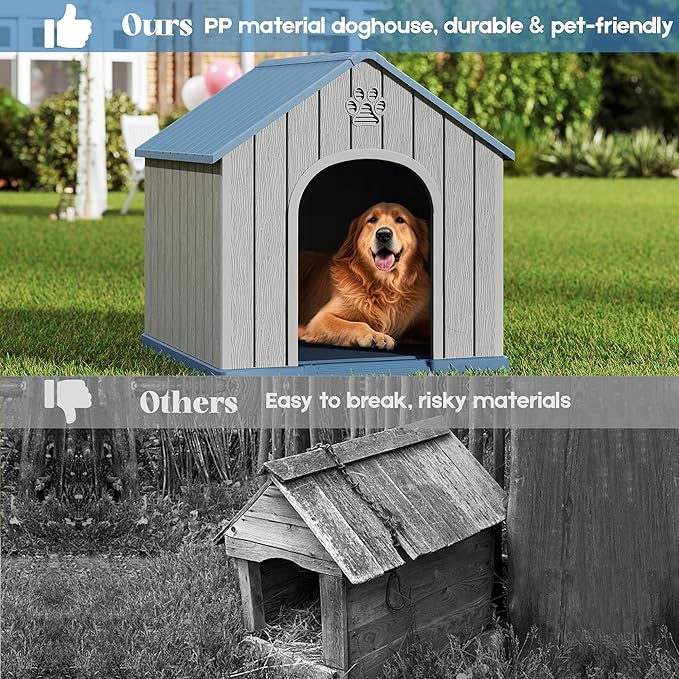Large Dog House Outdoor Indoor for Medium Large Dogs, Durable Plastic Waterproof Doghouse with Air Vents and Elevated Floor, Easy Clean and Assemble (Classic Blue, 36.2''L×38''W×38''H)