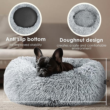 Dogs Bed for Small Dogs, Anti-Anxiety Washable Round Bed (Light Grey, 24.0" L x 24.0" W x 8.0" Th)