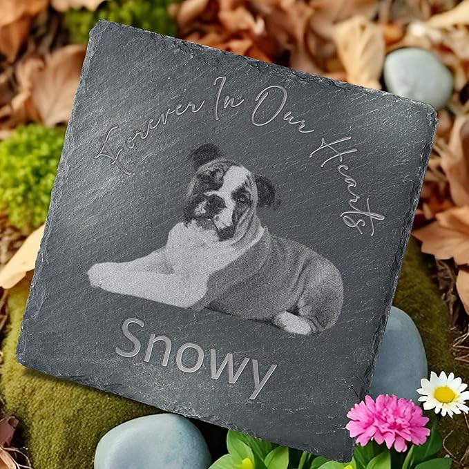 Pet Memorial Stone with Photo, Dog Memorial Gifts for Loss of Dog, Personalized Pet Memorial Gifts, Pet Loss Gift - Forever in Our Hearts（Square）