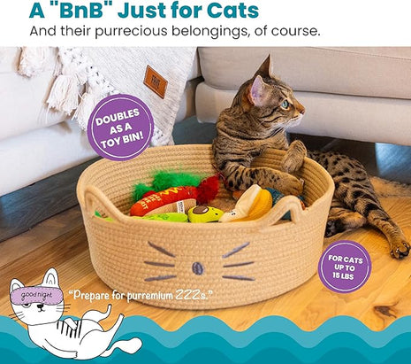 Catstages Bed & Basket Retreat 2-in-1 Cat Bed with Removable Cushion, Plush Cotton Rope, Tan, 15 in – Versatile Pet Bed and Toy Storage Basket