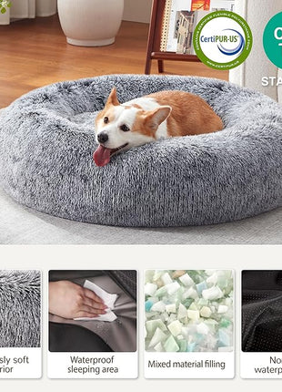Calming Dog Bed - Donut Washable Large Size Round Pet Bed for Dogs and Cats, 36 inches Anti-Slip Fluffy Faux Fur Plush Cat Bed, Anti-Anxiety Cushion with Anti-Slip Bottom