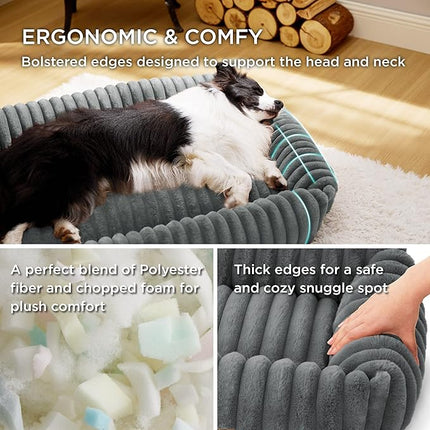 Bedsure Cute Dog Bed for Small Medium Dogs - Washable Furry Puppy Beds, Rectangle Orthopedic Corduroy Fleece Pet Beds with Removable Zipper Cover, 25x21x7inches, Warm Grey