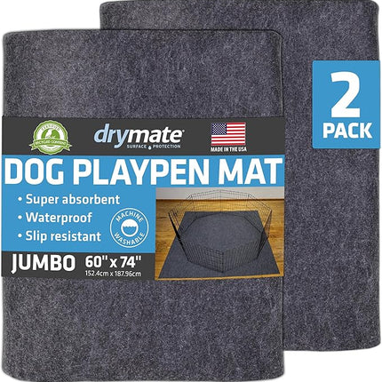 Drymate 2-Pack Jumbo Dog Playpen Mat (60x74), Absorbent, Waterproof, Slip-Resistant, Machine Washable, Reusable Puppy Pad for Training, Whelping, Housebreaking, Incontinence, Crate, Kennel (USA Made)
