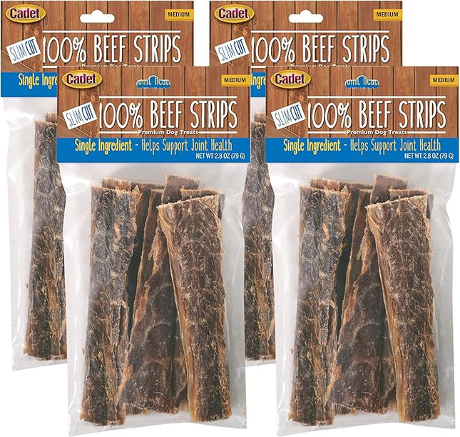 Cadet Slim Cut 100% Beef Strips Dog Treats - Long-Lasting, Healthy, & Natural Beef Esophagus Treats for Small & Large Dogs - Low Calorie & High Protein Dog Chews, Medium (2.8 oz.) (Pack of 4)