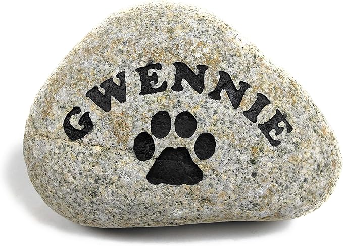 Personalized River Stone Pet Memorial Stones Headstone Grave Marker for Dog or Cat 8 inches to 10 inches Natural Rock Customized with Name and Paw Print