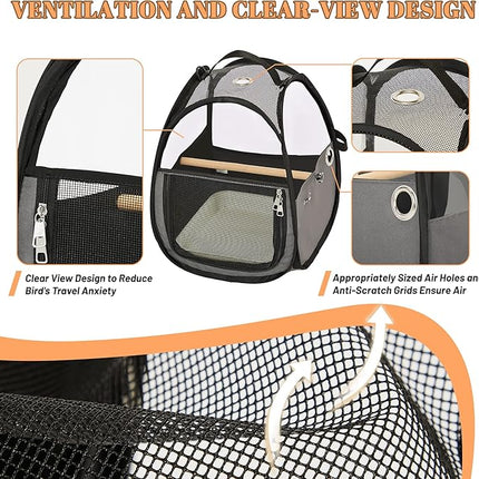 Bird Carrier for Travel with Clear Windows, Breathable Safe Fabric, Lightweight Small Bird Cage with Tray, Stand and Feeder, Portable Pet Bag for Parrot, Vet Visit, Outdoor, Small Animals