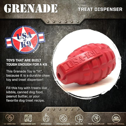 SodaPup USA-K9 Grenade – Durable Dog Treat Dispenser and Chew Toy Made in USA from Non-Toxic, Pet Safe, Food Safe Natural Rubber Material for Mental Stimulation, Problem Chewing, Calming Nerves & More