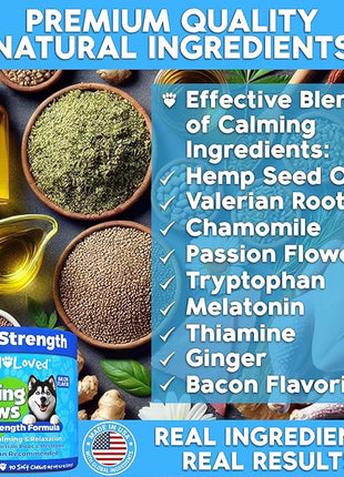 Calming Chews for Dogs - Dog Calm Treats, Made in USA, Vet Recommended, Behavior Support with Melatonin & Hemp, Stress, Separation, Fireworks, Travel, Extra Strength