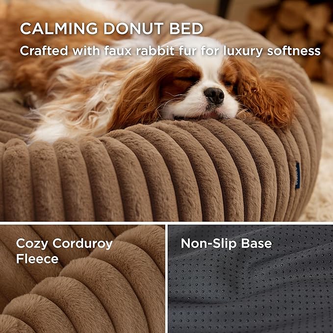 Bedsure Cat beds for Indoor Cats - Donut Dog Beds for Small Dogs with Corduroy Fleece & Anti Slip Bottom, Faux Fur Pet Beds with Washable Removable Cover, Camel Brown, 20x20x6 inches