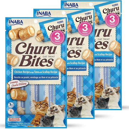INABA Churu Bites for Cats, Soft Baked Chicken Churu Filled Cat Treats with Green Tea Extract, 0.35 Ounces Each Tube, 9 Tubes Total, Tuna with Scallop Recipe