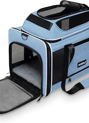 Cat Carrier Top-Expandable 18x11x11, United Delta American Airline Approved Dog Carrier, Soft Pet Carry-On Bag Underseat in Cabin, Puppy Air Travel Crate Kitten TSA Plane Carrying Case Blue