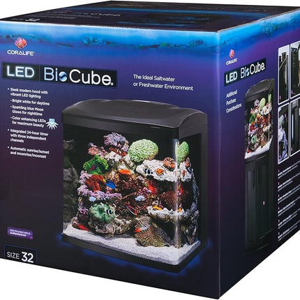 Coralife BioCube, Aquarium Kit, Integrated 24-hour Timer, Customizable LED Lighting, for Saltwater and Freshwater Environments, 32 Gallon