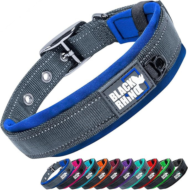 Black Rhino Dog Collars for Medium Dogs - Adjustable Reflective Heavy Duty Dog Collar with Ultra-Soft Neoprene Padding - Weatherproof, Durable, and Comfortable for Active Dogs - Sport Blue and Black