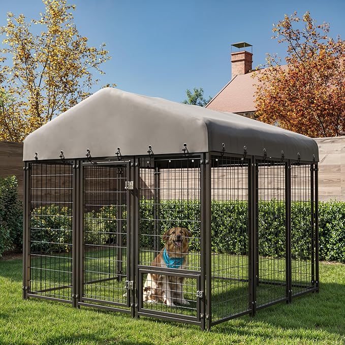6X6FT Dog Kennel Outside Dog Kennel Outdoor with Feeding, Heavy Duty Outdoor Dog Crate Durable Dog Cage with Roof & Double Lock