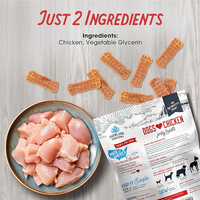 Farmland Traditions Dogs Love Chicken Jerky Dog Treats, Premium Two-Ingredient Dog Jerky with USA-Raised Chicken & No Antibiotics Ever, 3-Pound Bag