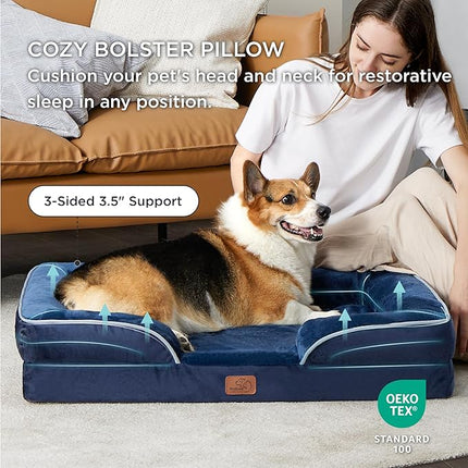 Bedsure Orthopedic Dog Beds Large Sized Dog - Washable Large Dog Cat Bed Waterproof, Comfort Dogs Couch Sofa with Washable Removable Cover, Pet Bed with Nonskid Bottom, Blue Navy, 35"
