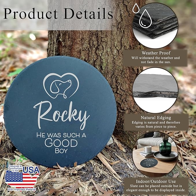 Personalized Pet Memorial Stone for Dogs and Cats | Custom Laser-Etched Weatherproof Garden Grave Marker | Natural Stone Bereavement Headstone Sympathy Gift | 4, 6, 10, or 12 Inch Heart or Circle Shape (A10)