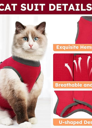 Cat Recovery Suit, Breathable Cat Surgery Recovery Suit Female, Kitten Onesie for After Surgery Spay Surgical Abdominal Wound Skin Diseases Cone of Shame Alternative (Red,S)