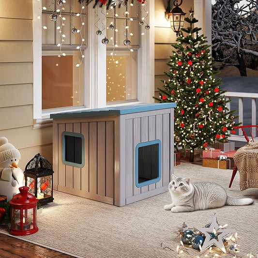 LHBcraft Outdoor Cat House Weatherproof, Clawsable Cat Houses for Outdoor Indoor Cats, Feral Cat House Shelter, Resin Insulated Material, Emergency Exit Easy to Clean and Install, Blue