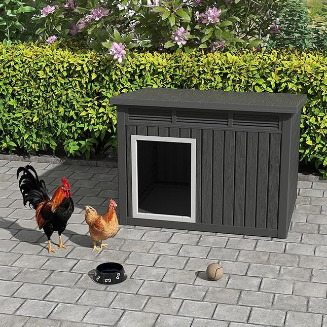Large Chicken House Outdoor Indoor for Medium Large Dogs, Durable Plastic Waterproof Chicken House with Air Vents and Elevated Floor, Easy Clean and Assemble (Black, 42.8" L x 33" W x 31.5" H)