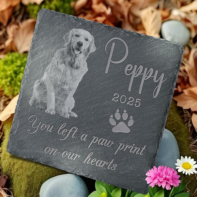 Pet Memorial Stone with Photo, Dog Memorial Gifts for Loss of Dog, Personalized Pet Memorial Gifts, Pet Loss Gift - Paw Print（Square）